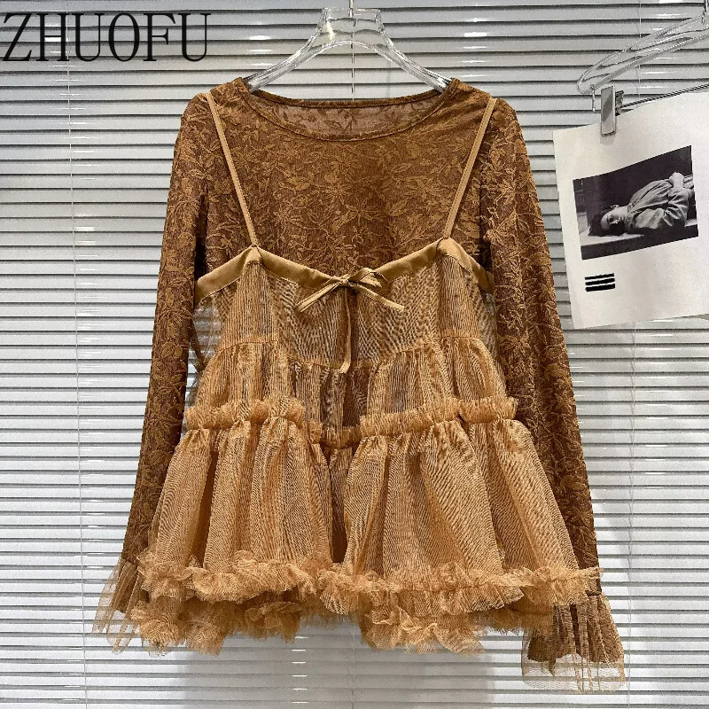 2026 Autumn New Women's Long-sleeved T-shirt Sweet Style Cute Embroidery Flower Lace Mesh Splicing Sling Two-piece Suit Ladies