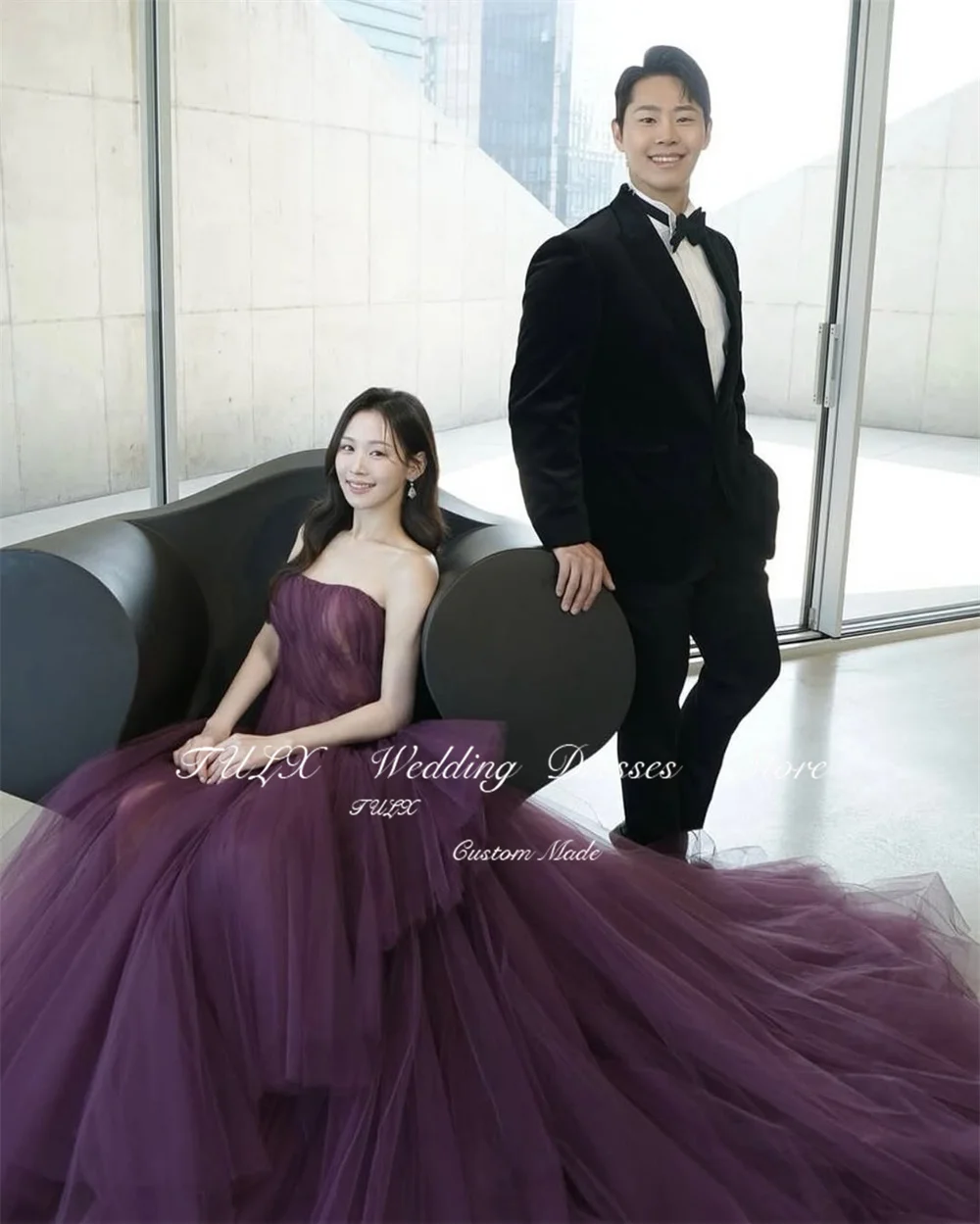 TULX Purple Tulle Evening Dress Korea Wedding Dress Photo Shoot Strapless Pleat Party Dress A line Long Sweep Corset Customized