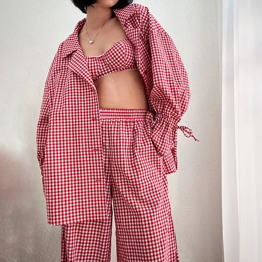 

2026 Plaid Spring and Summer New Long-sleeved Trousers Pajamas Two-piece Set
