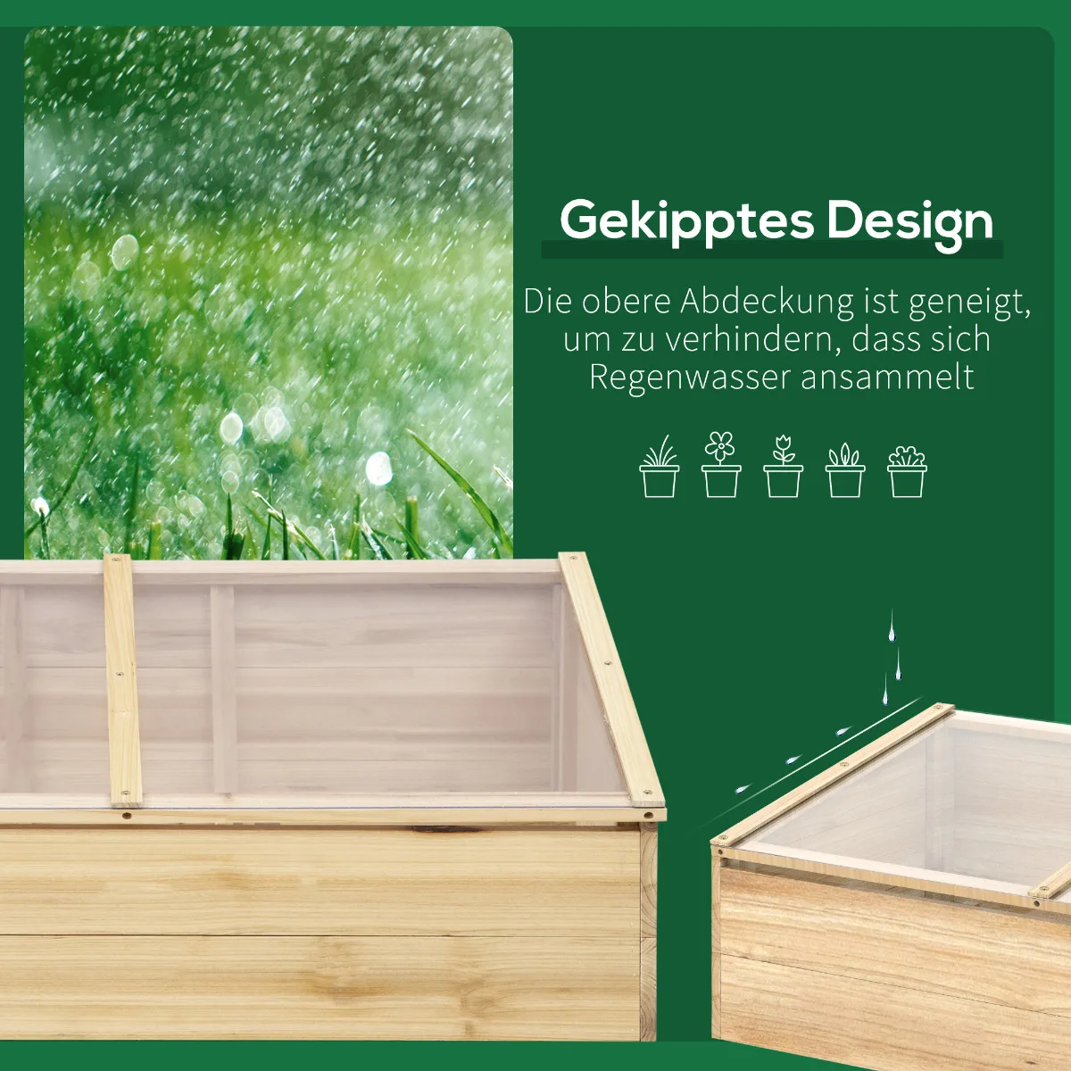 Image 7: Mini serre en bois naturel – 100x50x35 cm, structure en bois de sapin, couverture en polycarbonate, jardinière surélevée et bac de culture