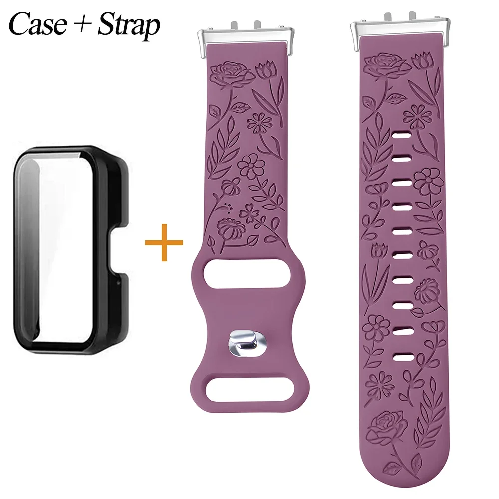 Strap+Case For Samsung Galaxy Fit 3 Watchband For Samsung Galaxy Fit3 Floral Engraved Silicone Bracelet Replacement Accessories