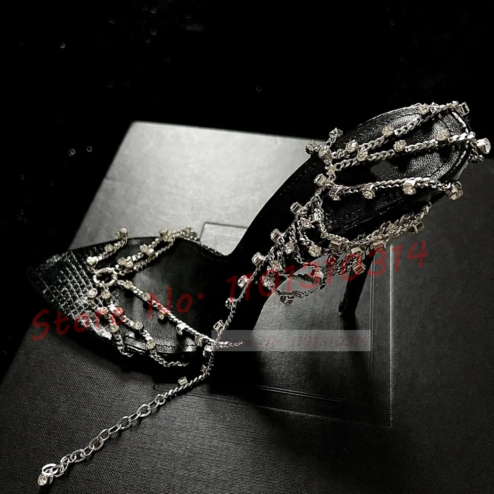 Crystal Chain High Heels Sandals Women Bling Cross Strap Party Summer Dress Shoes Ladies Haute Sexy Sparkly Open Pointy Sandals