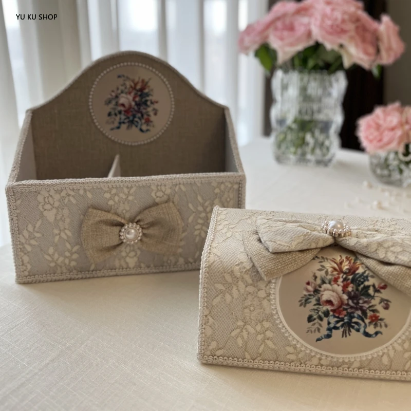 

Khaki Embroidery Storage Box Lace Storage Basket Remote Control Sundries Cosmetics Division Basket Cloth Tissue Box Decoration