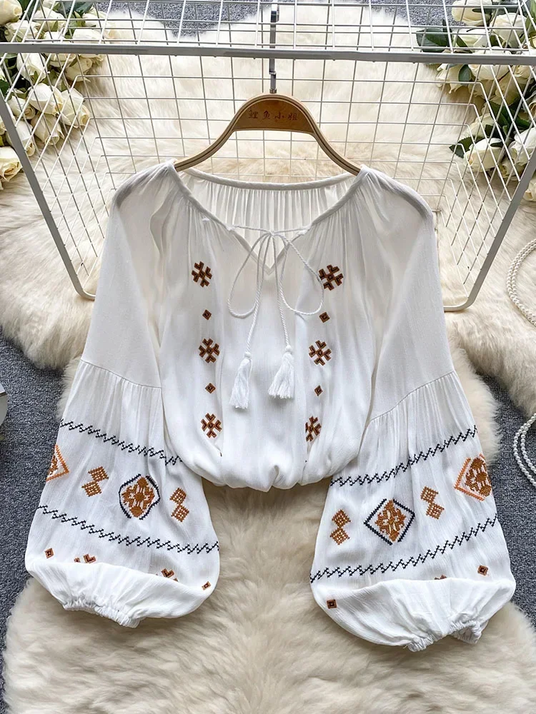 Women Spring Autumn Blouse Leisure Time Retro Ethnic Style Bubble Sleeved Shirt with Strap Design Niche Style Top D5328