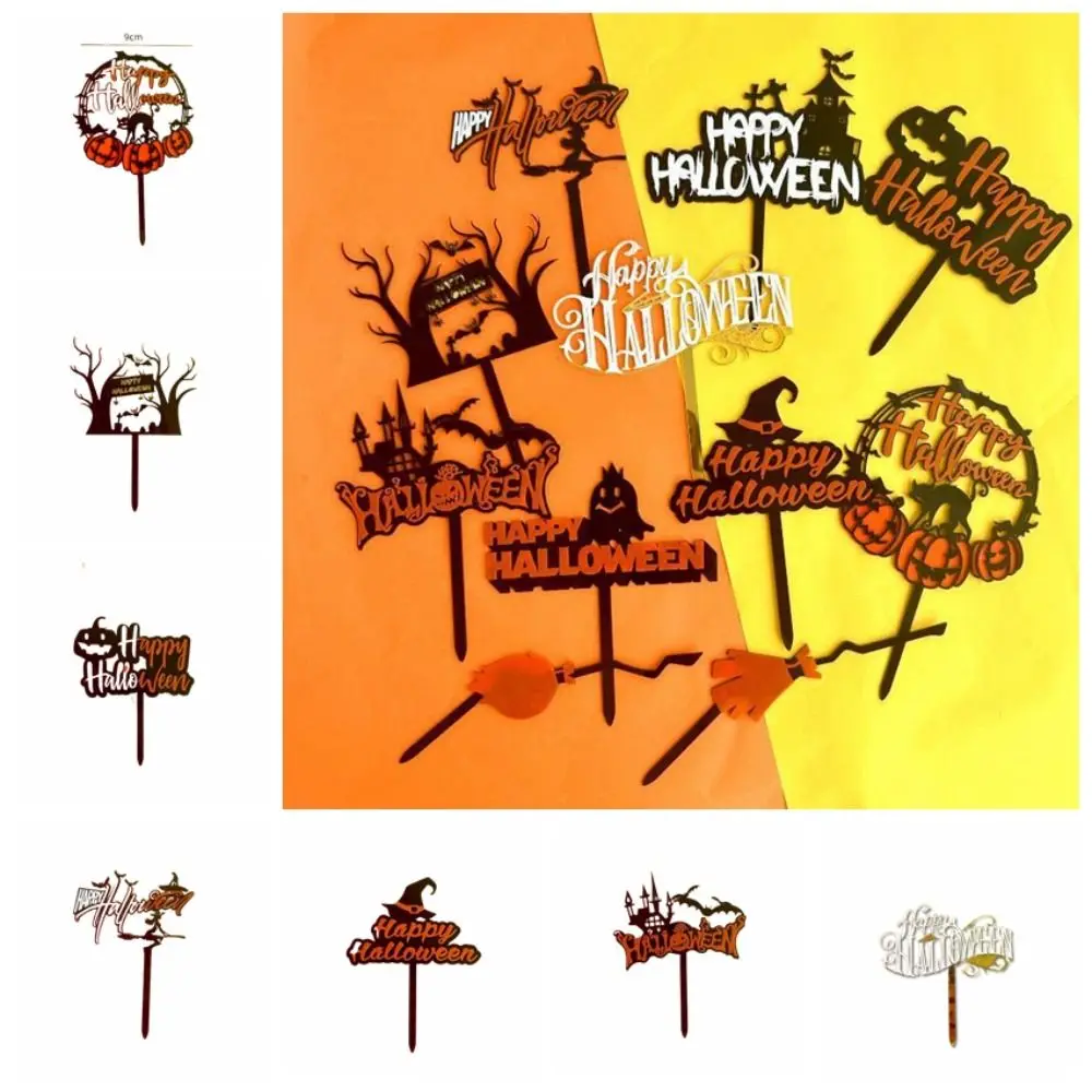

Acrylic Happy Halloween Cake Toppers Cartoon Witch Castle Pumpkin Castle Bat Cupcake Toppers DIY Cake Insertion Flag