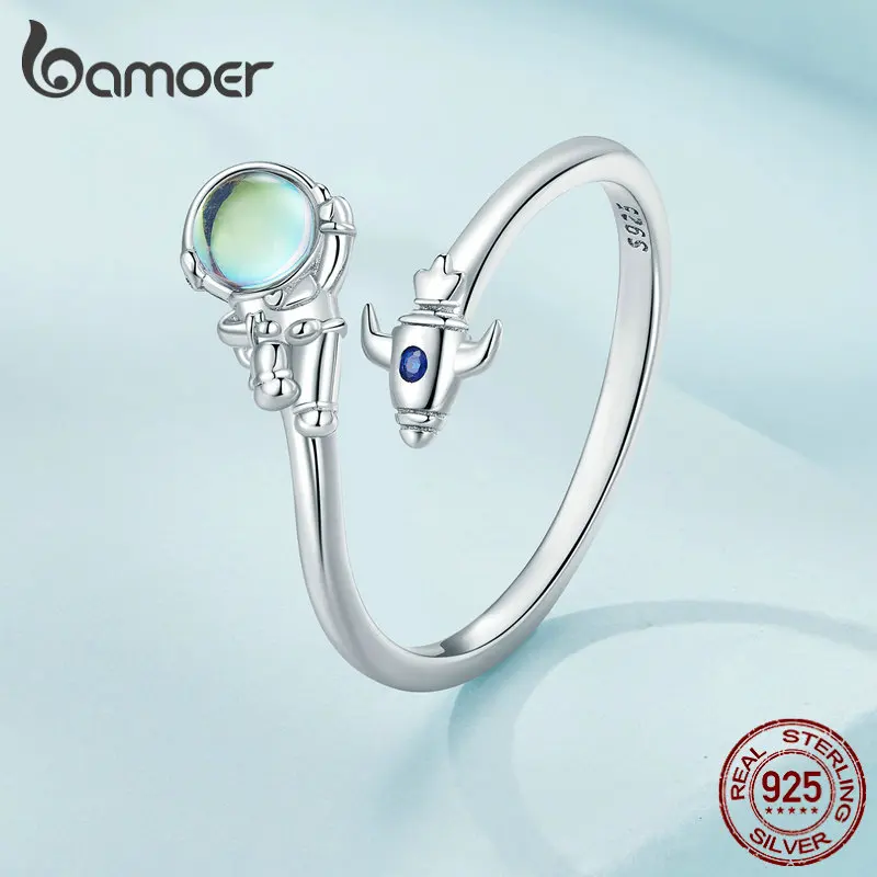 Bamoer 925 Sterling Silver Spaceman & Spacecraft Opening Ring Astronaut Adjustable Ring for Women Birthday Gift Fine Jewelry