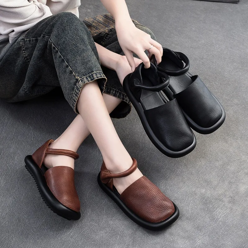 Birkuir Retro Closed Toe Sandals For Women Square Head Soft Hook Loop Flat Heel Luxury Sandals Genuine Leather Elegant Shoes