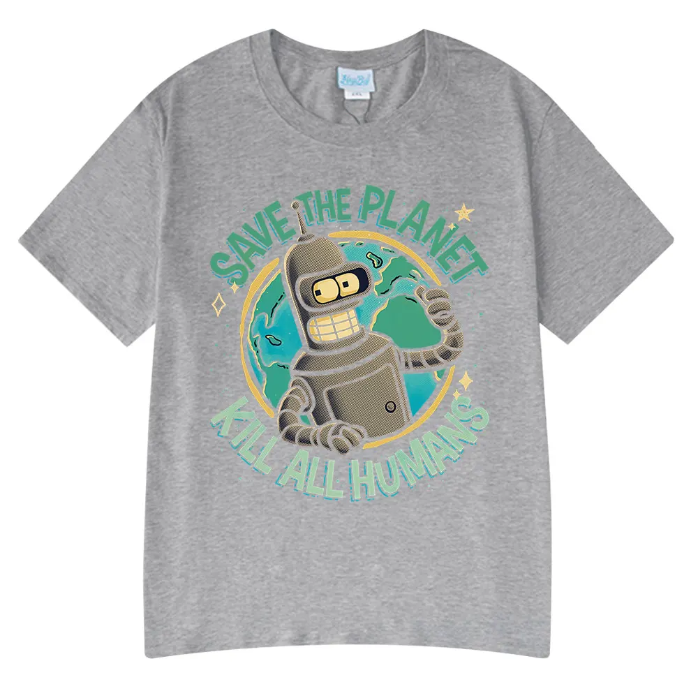 مضحك حفظ الكوكب قتل جميع البشر روبوت الجرافيك طباعة تي شيرت الرجال النساء موضة تي شيرتات قصيرة الاكمام المتضخم القطن تيز