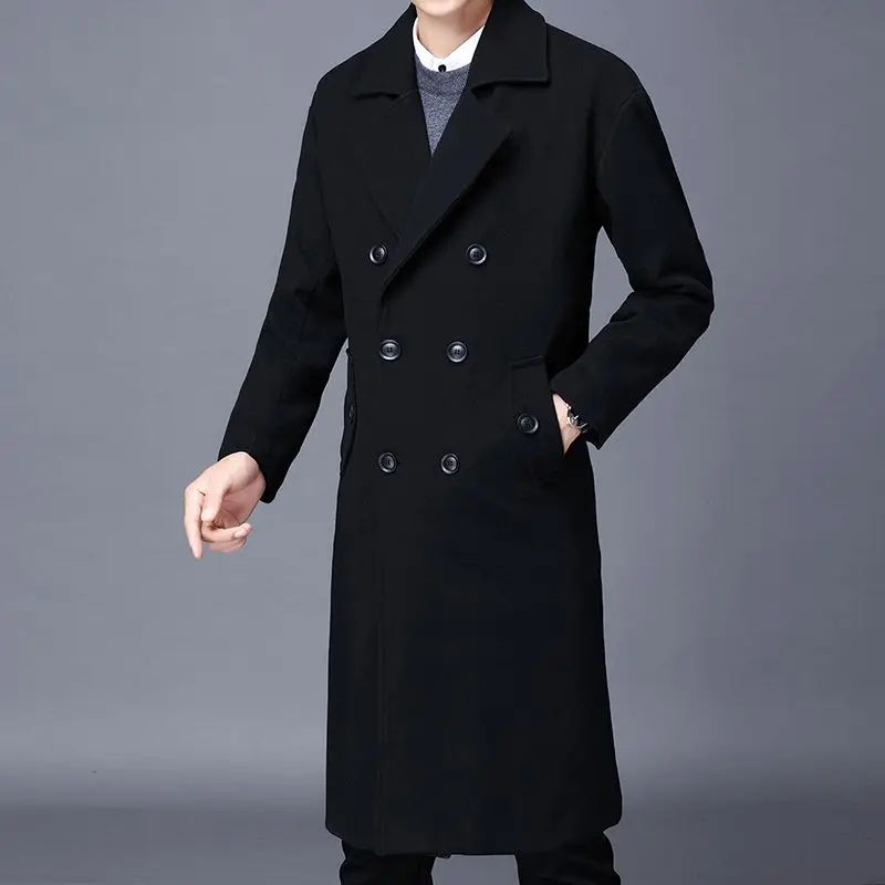 

Men's Long Woolen Overcoat for Winter Korean Style Loose Fit Suit Collar Double Breasted Cotton Lined Warm and Stylish Outerwear