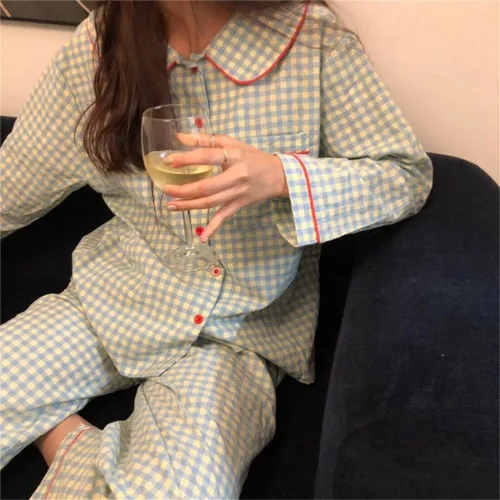 

Simple Pure Cotton Long Sve Long Pants Women's Spwear Set Autumn Spring Home Clothes Student Wear Plaid Korean Sle