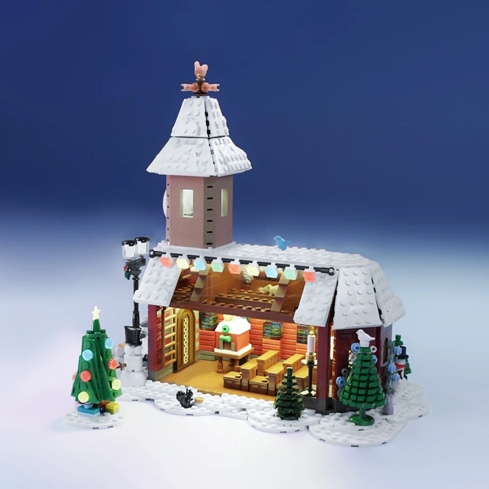 BuildMoc Winter Village Building Block Set Winter Chapel Christmas House Model Toys with Interior Details,1383 PCS