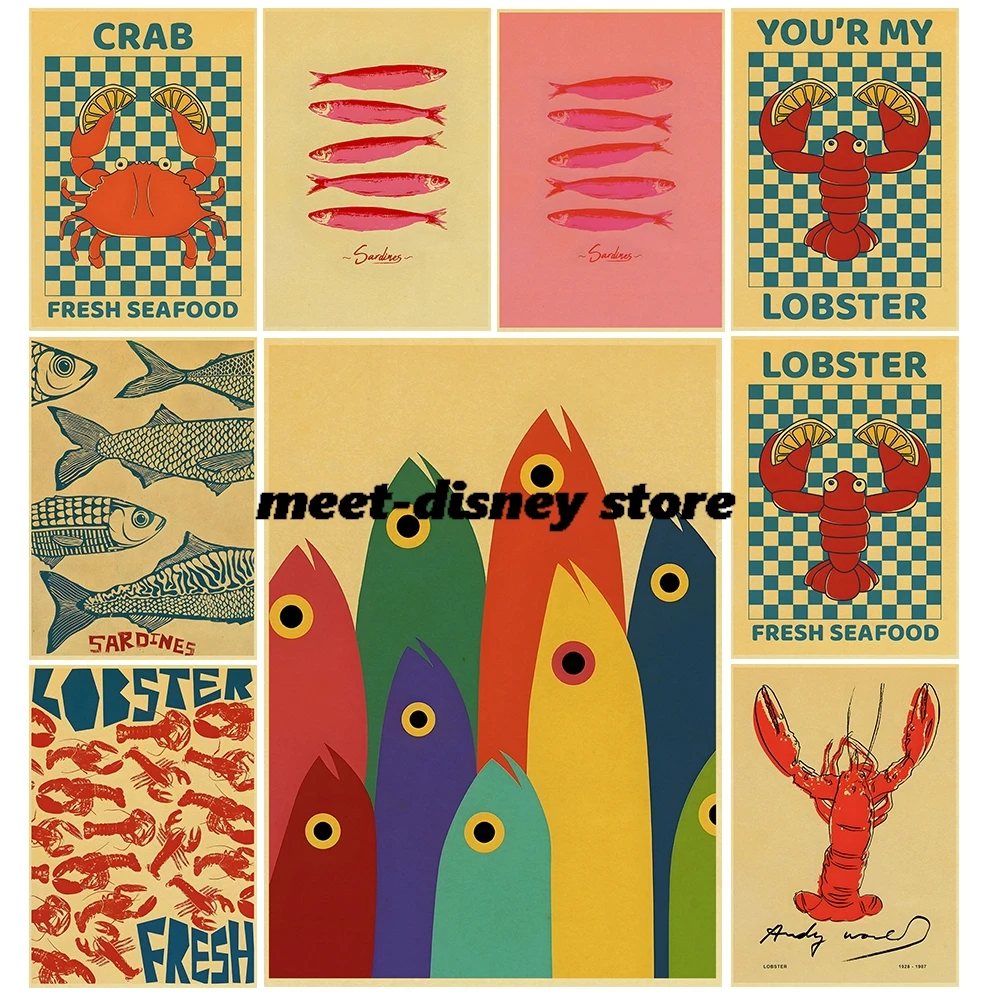 Póster de animales marinos de sardina y langosta, papel Kraft nostálgico, impresión de paisaje, arte de pared de café, carteles de lienzo estéticos modernos para el hogar