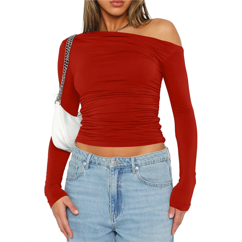 

AG-Women's Casual Long Sleeve Boat Neck Off Shoulder Slim Fit Crop Top Going Out Blouses Y2K Tight Shirts
