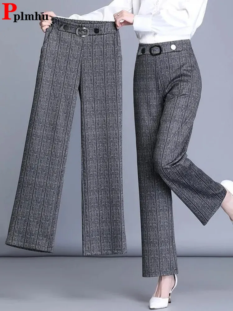 Oversize 4xl Plaid Office Straight Pants Korean Fashion Women Formal Wide Leg Pantalones Casual OL High Waist Trousers New