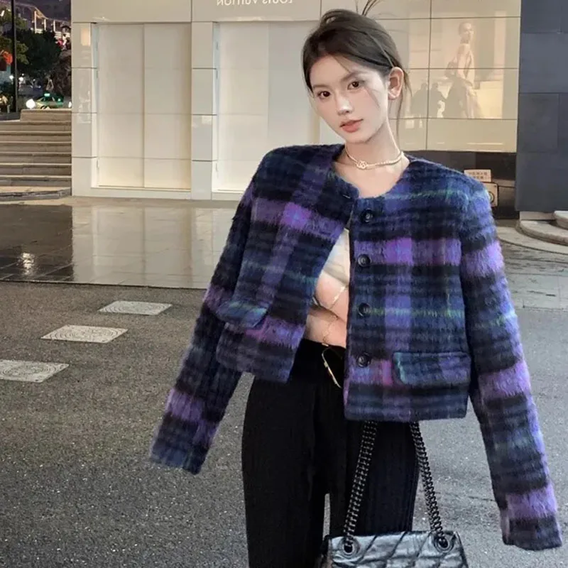 Retro Plaid Woolen Jacket for Women Y2K Korean Streetwear Single-Breasted Purple Crop Coat Ladies Autumn Long Sleeve Outwear New