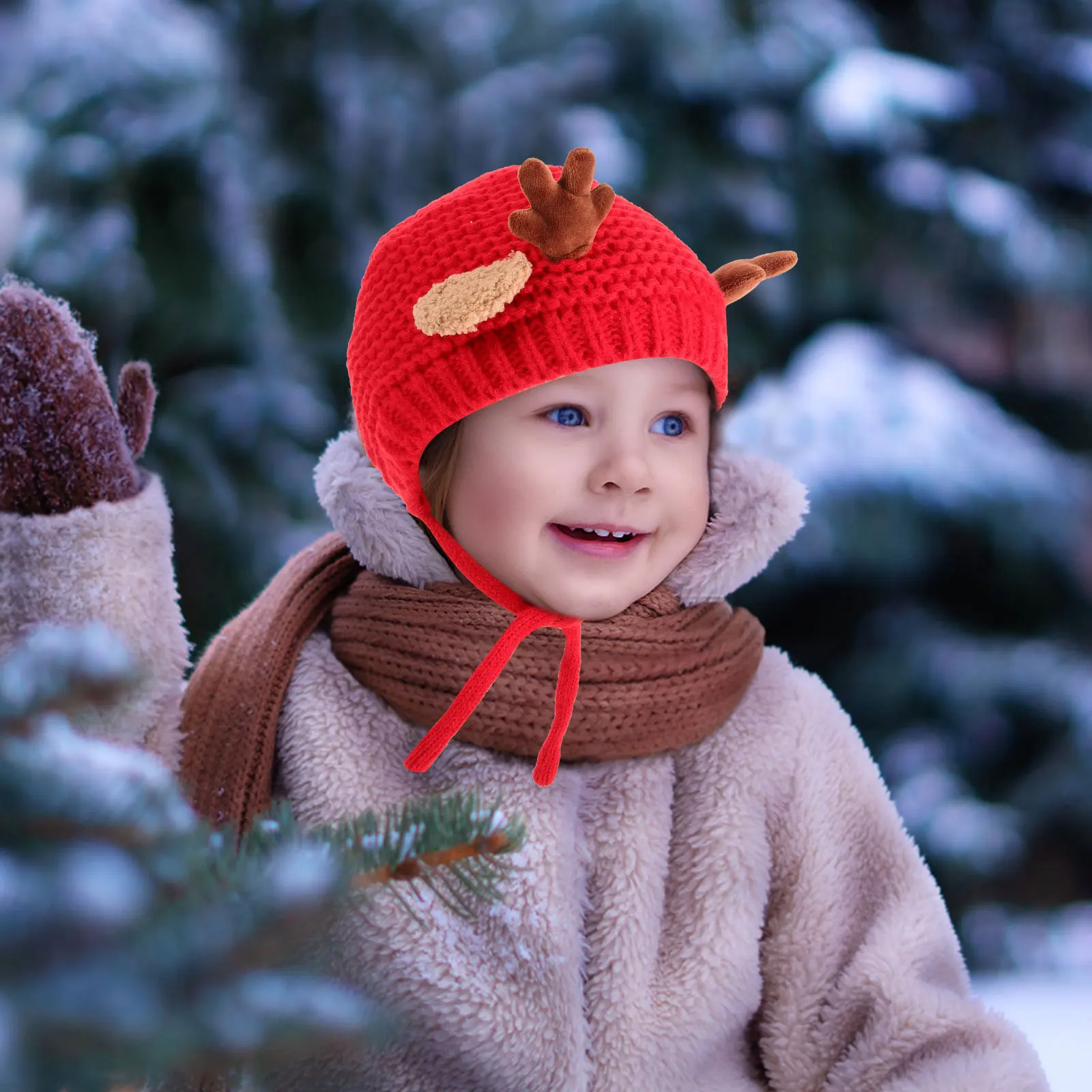 

Children Knitted Wool Hat Red 1-5 Years Thick Warm Winter Kids Cap Crochet Antler Design Christmas Deer Hat For Baby