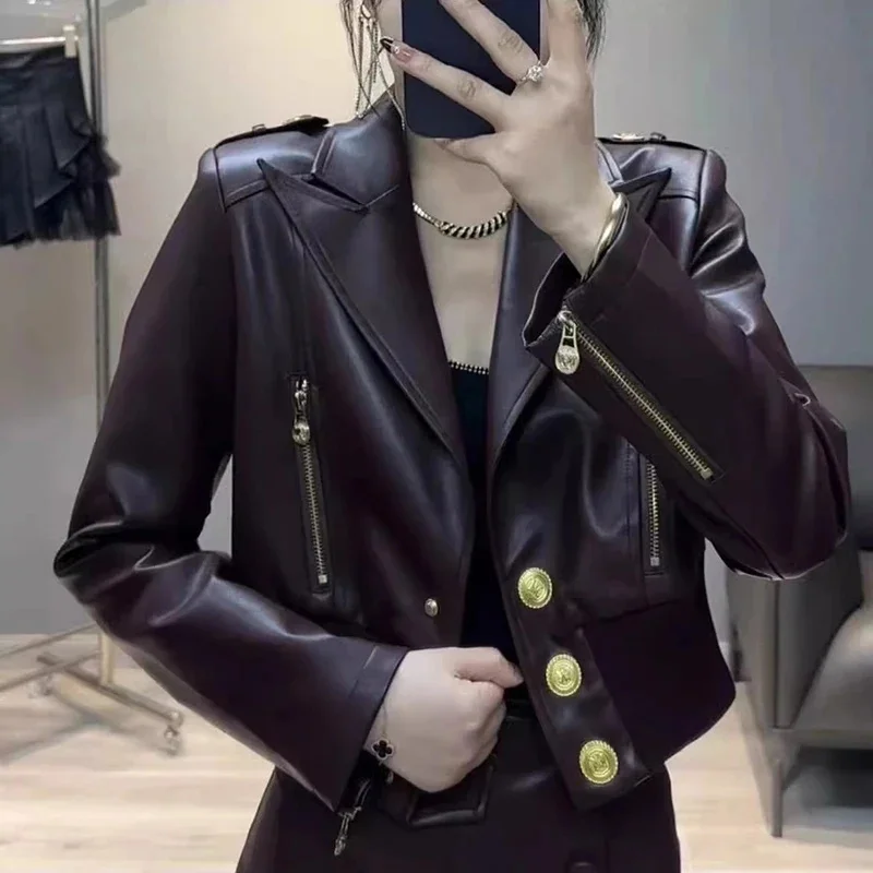 ジッパーラペルPUレザージャケット ソフトレザー ファッションデザインセンス ショートコート レディース 2025 春秋新作 アウター 女性用