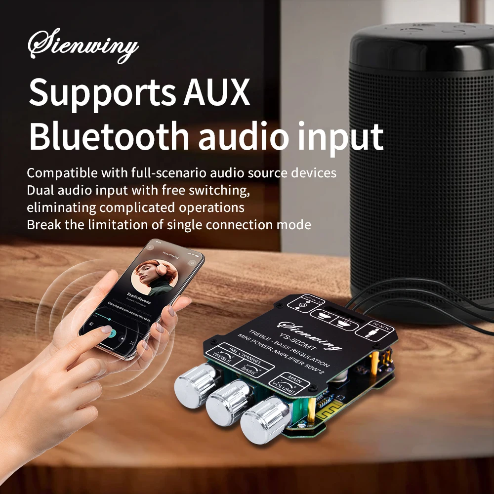 Mini Bluetooth 2.0 Audio Amplifier YS-502MT, 50W+50W Hi-Fi Stereo Power Amp, AUX Input, Adjustable Treble Bass EQ, Low Noise
