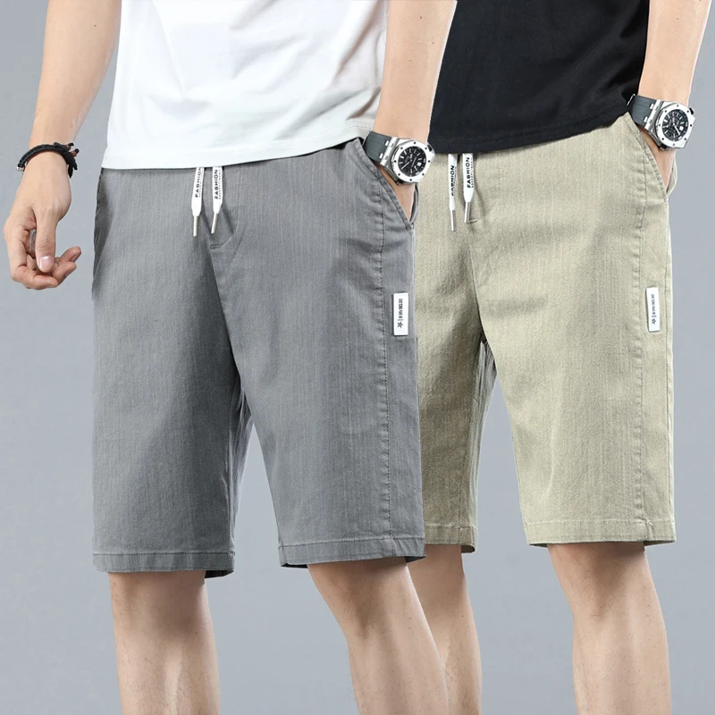 Summer Men's Casual Shorts Elastic Waist Khaki Gray Fashion Drawstring Boardshorts Male Beach Straight Short Pants