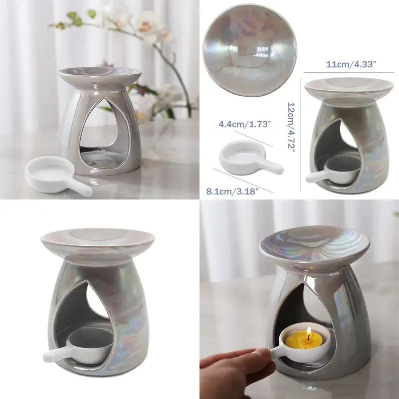 for Wax Melt Heater Essential Oil Burner Pearlescent Ceramic Tea Lamp Candlestick with Wax Spoon