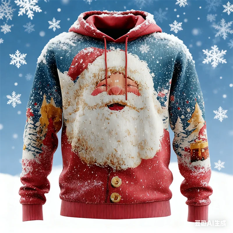 

Cartoon Santa Claus Print Men's Hoodies Autumn Winter Casual Loose Sweatshirts Fashion New Year Christmas Hoodie X'mas Clothing