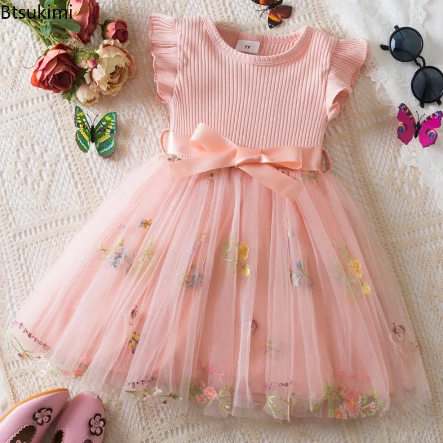 Children Princess Dress Puffy Dresses New Children's Floral Party Summer Mesh Dresses Floral Embroidery Birthday Party Costume