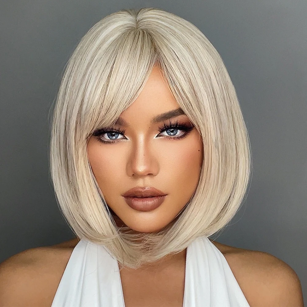 White Blonde Gray Synthetic Wigs with Bangs Short Straight Bob Hair Wig for Women Cosplay Daily Natural Hair Heat Resistant