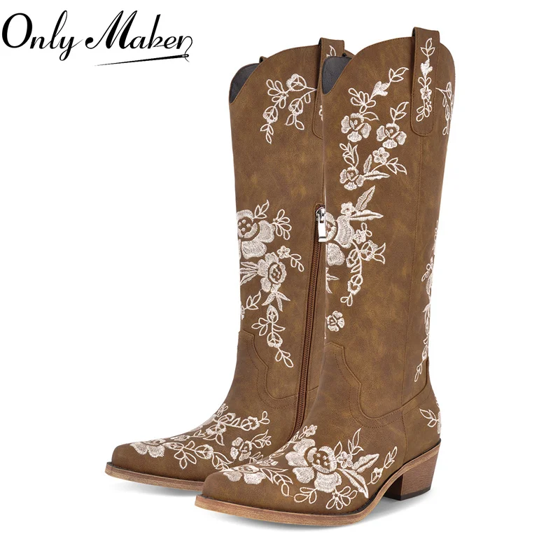 

Onlymaker Women Pointed Toe Pull-on Knee High Cowgirl Boots Comfy Pull On Wide Calf Chunky Heel Retro Classic Western Boots