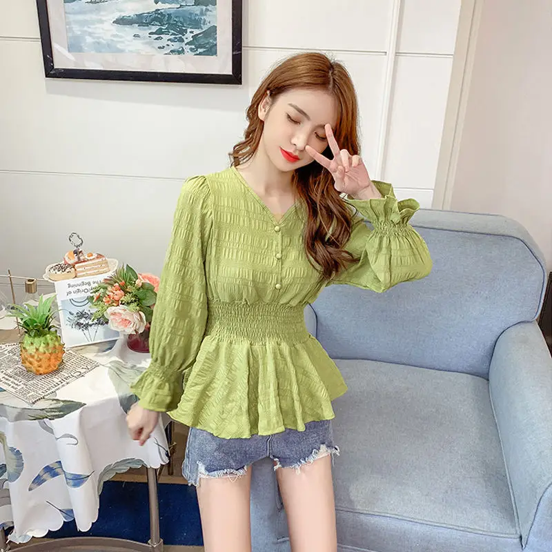 Fashion Spliced Button Folds Ruffles Blouses Women\'s Clothing 2023 Autumn Winter New Loose Princess Sleeve Tops Elegant Shirts