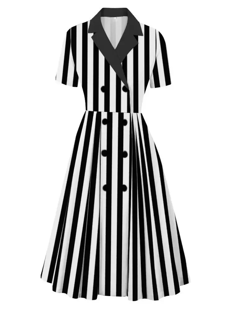 2025 New Vintage Notched Collar Black and White Striped Print Tea Dress 50s Formal Women Elegant Double Breasted Pleated Dresses