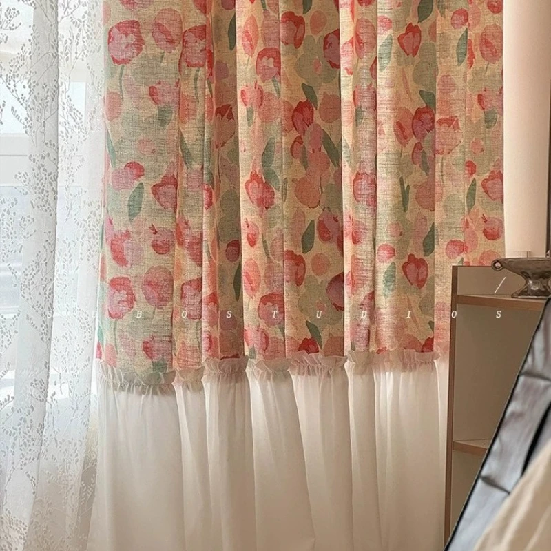 Customized Colored Tulip Printed Cotton Linen Splicing Curtains for Living Room Bedroom Bay Windows Partition Curtains