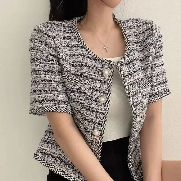 Korean Chic O-neck Double Pockets Coat Women Summer Pearl Button  Breasted Jackets Loose Short Sleeve Tweed Jacket