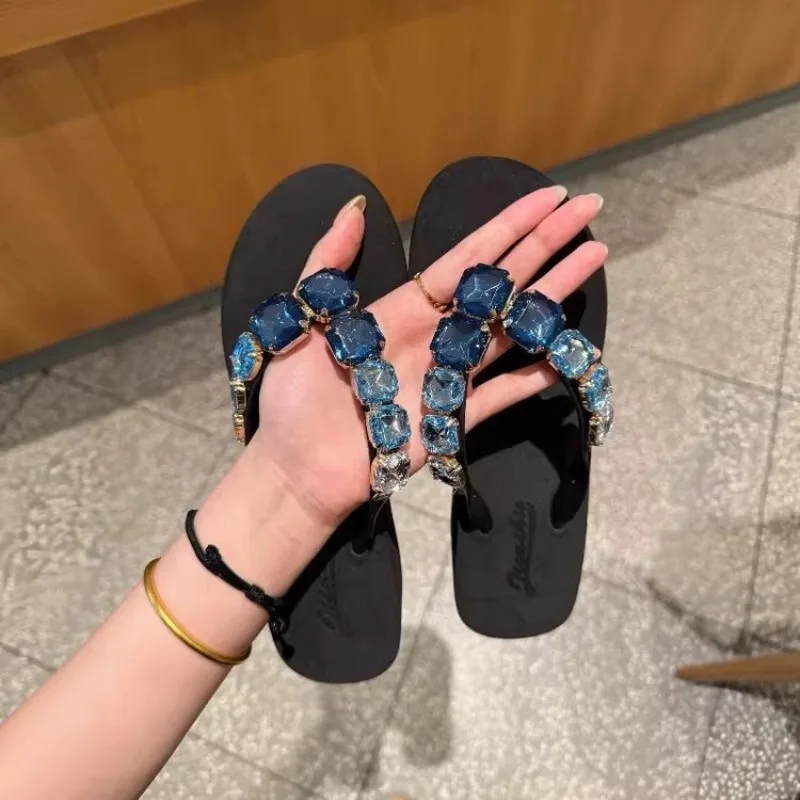 Square Rhinestone Flip-Flops Popular in Summer Blingbling Star Street Shooting Slope Heel Slippers Women Flat Beach Slippers