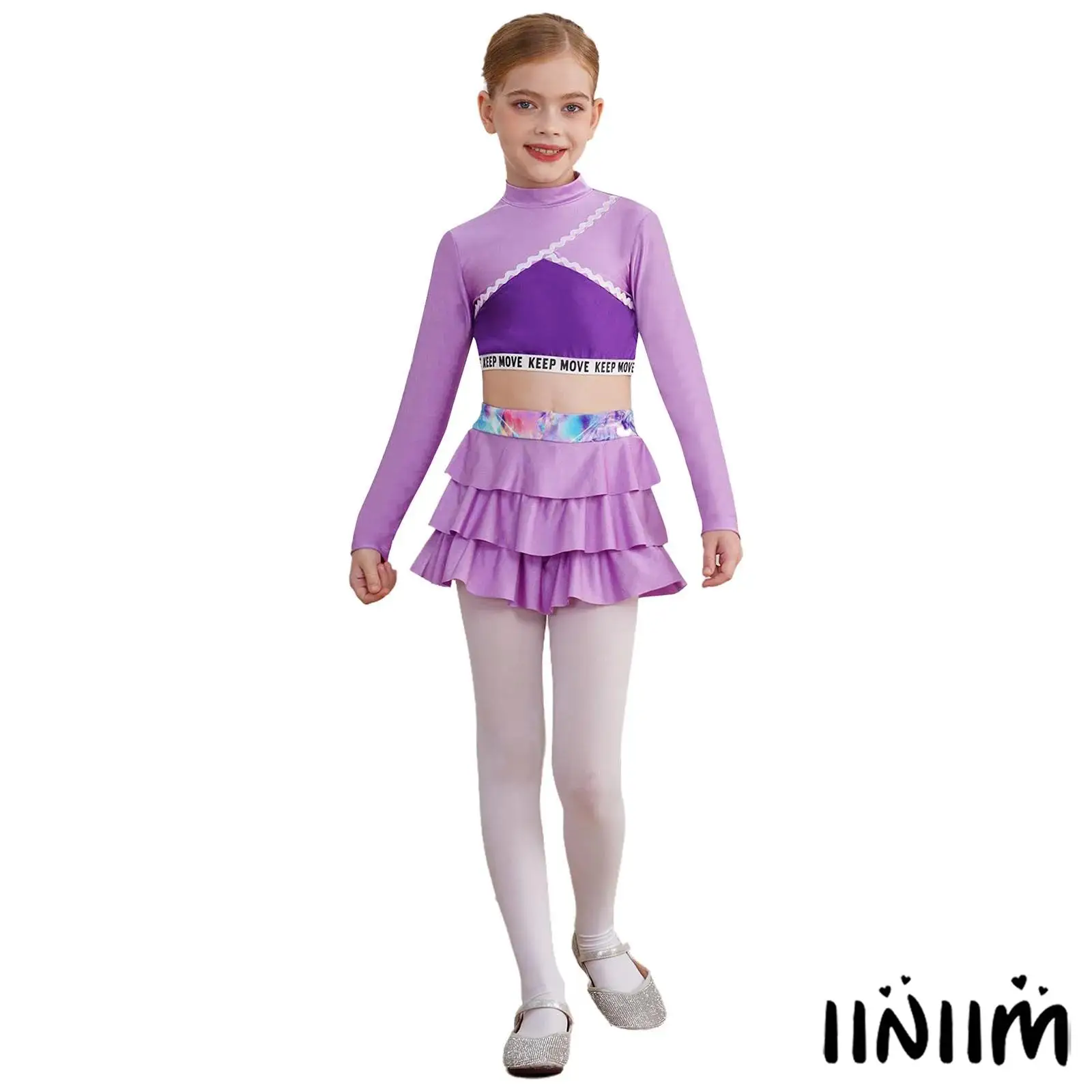 

Kids Girl 2 Pieces Figure Skating Jazz Dance Costume Long Sleeve Crop Top with Skirt Set Tennis Golf Sportswear Athletic Costume
