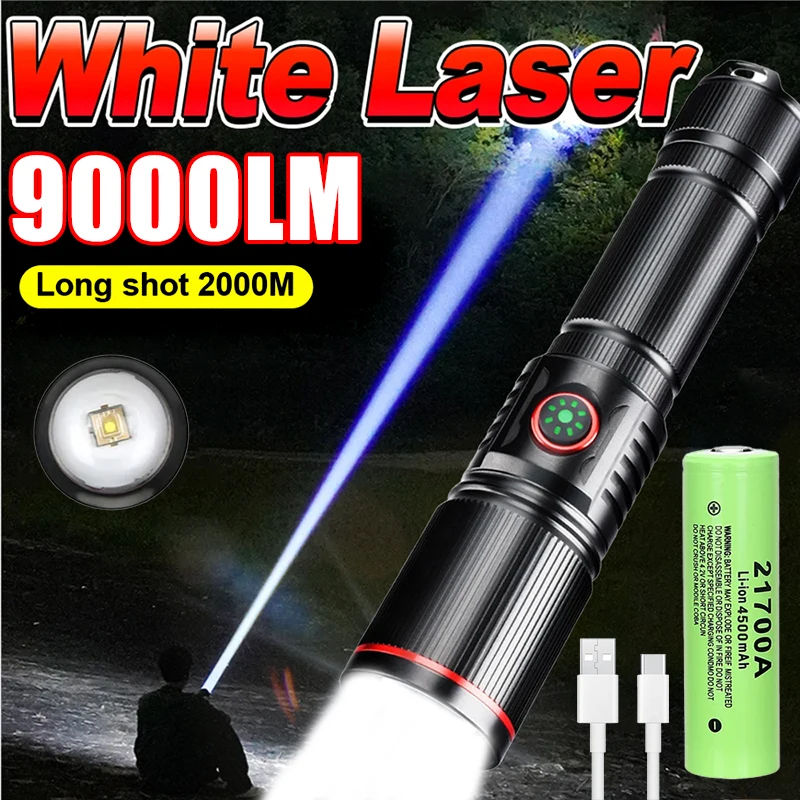 Powerful 50W White Laser Zoom Flashlight Use 18650 or 21700 Battery USB Rechargeable Torch Outdoor Hunting Emergency Lantern