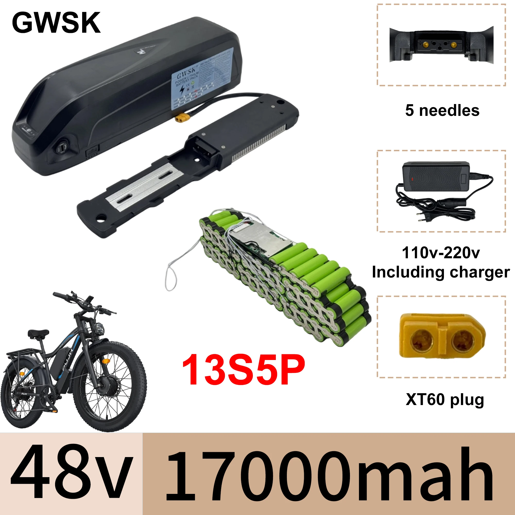 

GWSKAir transportation,48V17AH Hailong 18650 lithium-ion battery, 5-pin discharge, built-in BMS system+charger application 2000W