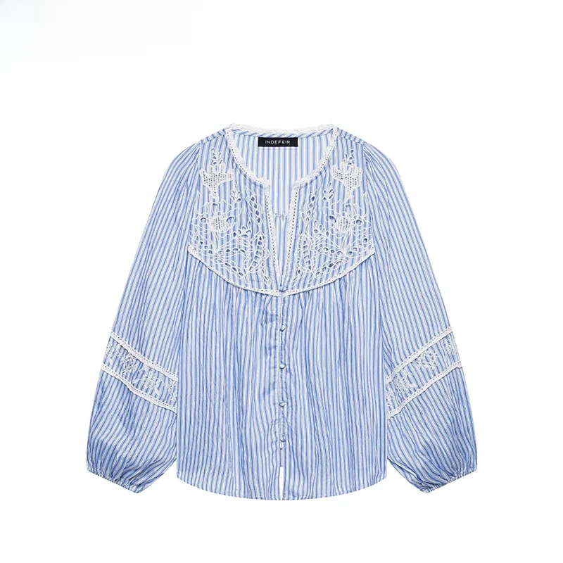 

Fashionable Striped Embroidered Shirt ZR Summer New Arrival Women's Clothing Versatile Long Sleeve Polyester Loose Fit Shirt