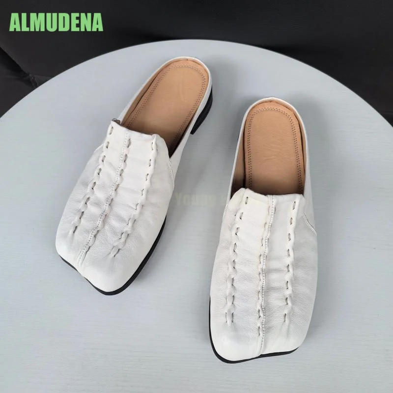 Unisex Square Toe Backless Mule Slips Supple Washed Crinkle Leather Dual Vertical Hand Stitch Accent Slip Slim Stable Flat Shoes