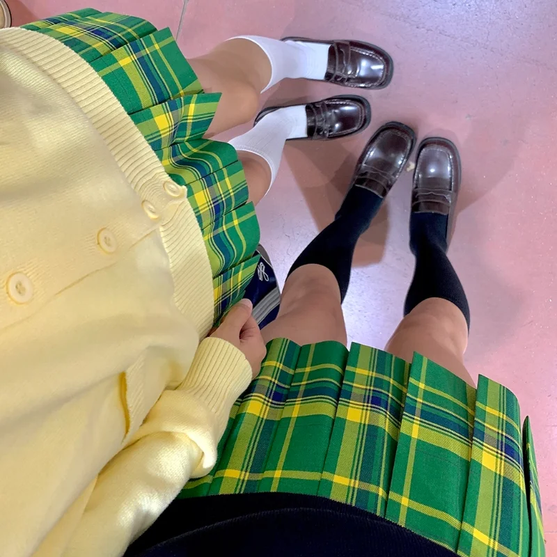 Japanese Jk Original Casual Style Summer Yellow Green Color Matching Waist Slim and Thin A-Line Versatile Pleated Skirt For Girl