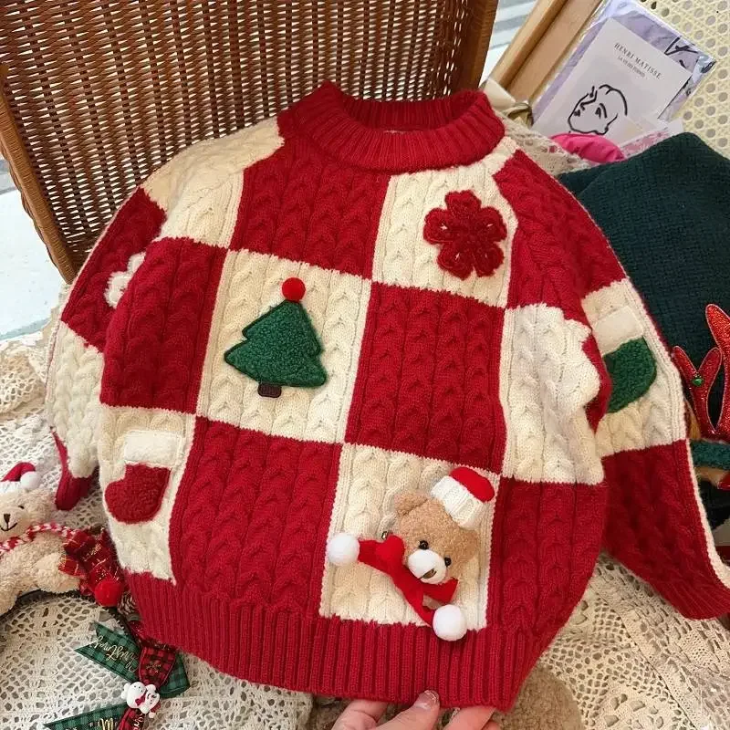 Children\'s Red Plaid Sweater New Year\'s Greetings Autumn and Winter Christmas Knitted Sweater Winter Warm Primer