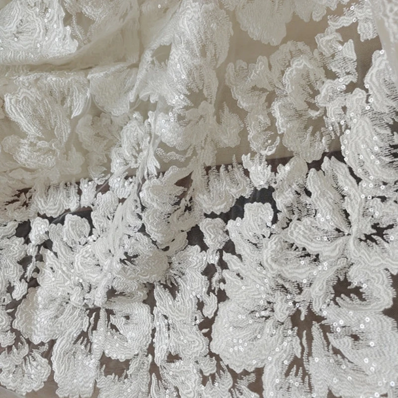 Off White Embroidered Thickening Big Flower Fabric, Handmade DIY Wedding Dress Bridal Dress Sewing Lace Fabric RS4548