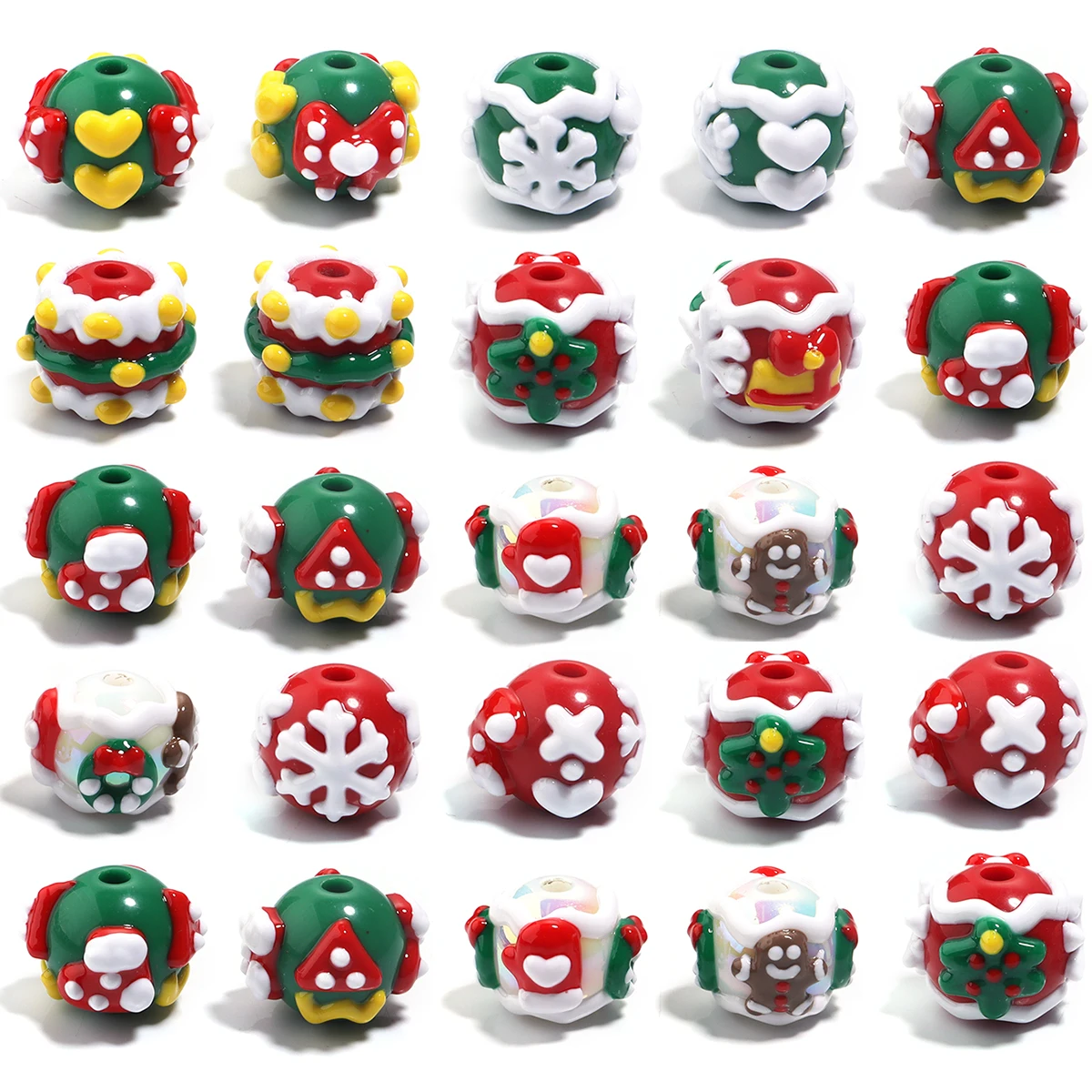 5Pcs/Lot Heavy Oil Acrylic Christmas Series Hand Drawn  Loose Beads For DIY Christmas  Jewelry Making  Bracelet Necklace