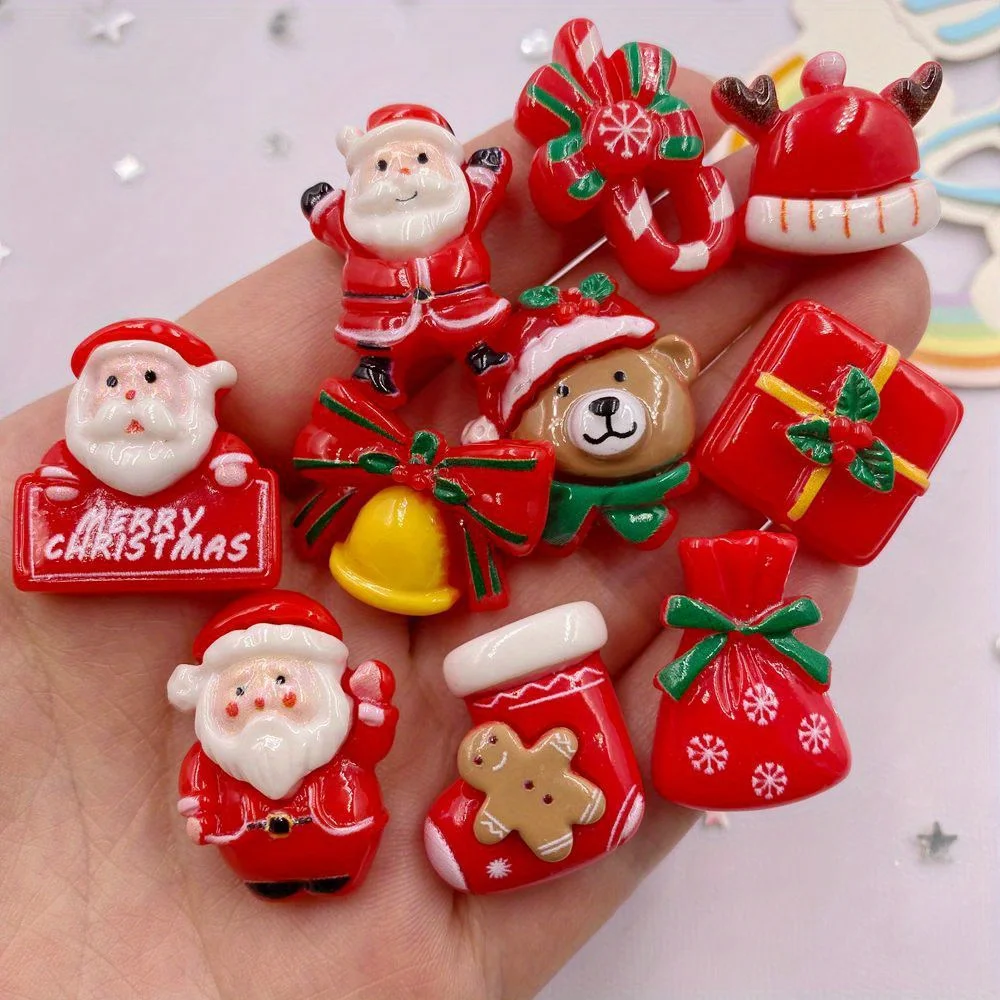 10PCS Resin Colorful Cartoon Santa Claus Deer Flatback Figurines Scrapbook DIY Bow Accessories Red Series Christmas Decor Crafts