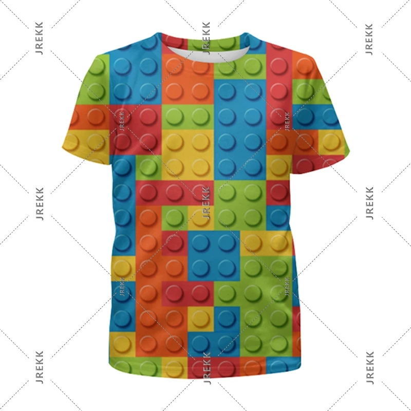 Children's Building Blocks Funny T-shirt For Men's Clothing Personality Patchwork Print O Neck T Shirts Sport Casual Summer Tee