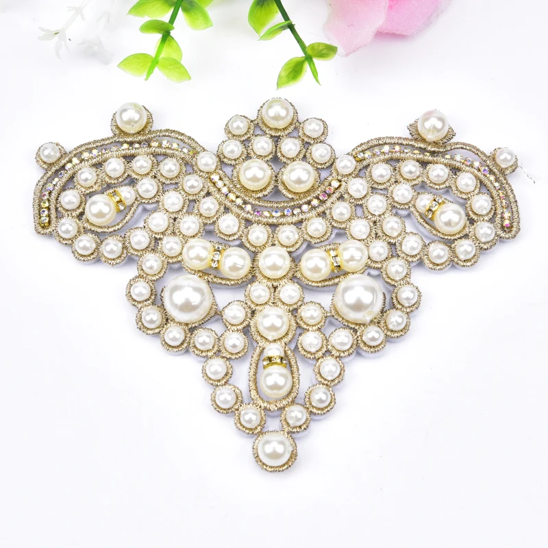 2Pcs Rhinestone Applique Crystal Bow Pearls Glass Stone Patches Embroidery Trim Sew On Shoes Bags Hats Clothes Decoration