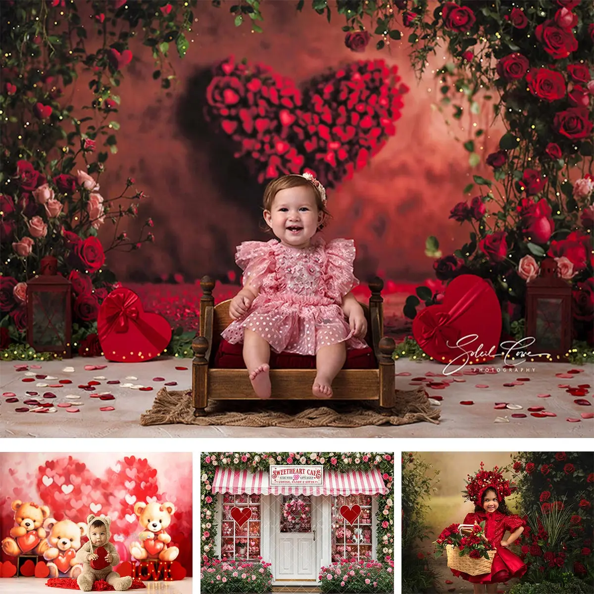 Red Roses Heart Photography Backdrop Valentines Day Kids Baby Cake Smash Photocall Decors Enchanted Red Rose Arch Backgrounds