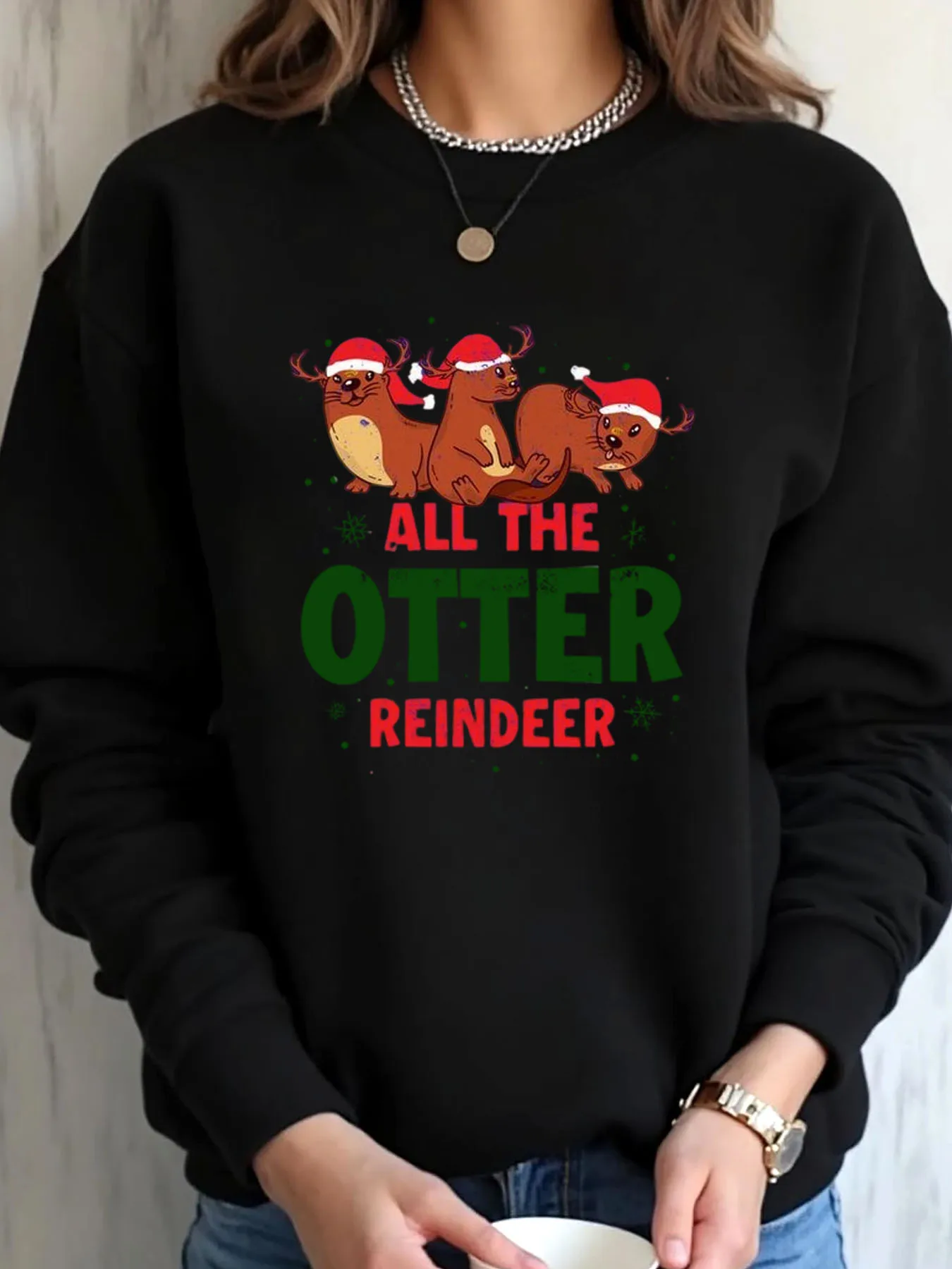 

Женская толстовка большого размера с принтом рождественских выдры и оленей, верхняя одежда