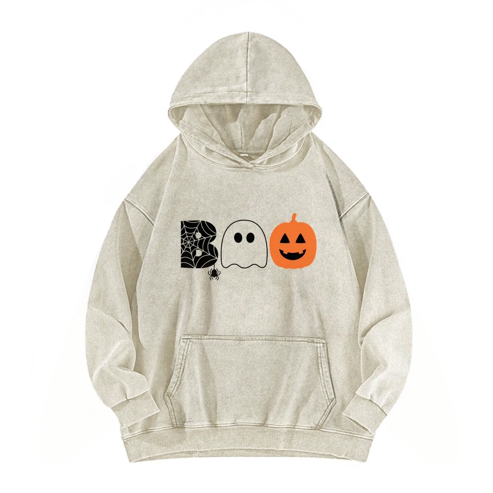 

Boo Ghost Pumpkin Spider Cute Cartoon Washed Hoodie Women’s Halloween Autumn Winter Spooky Season Graphic Sweatshirt Costumes