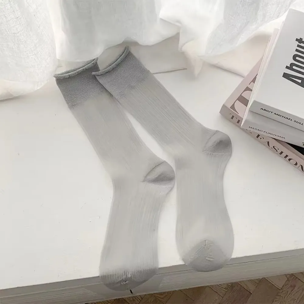 1 pair Simple Ultra-thin Lace Socks Transparent Solid Color Nylon Long Socks Soft Breathable Mesh Socks Summer Women