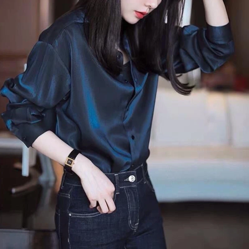 2024 Spring and Autumn Commuting Minimalist Fashion Versatile Long Sleeved Blouses Standing Collar Button Women\'s Shirt Top